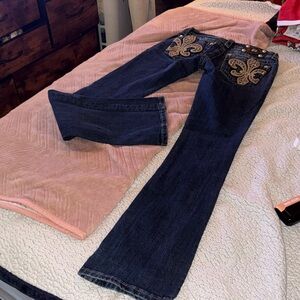 Miss Me Dark Blue Flare Jeans with Gold Embroidery